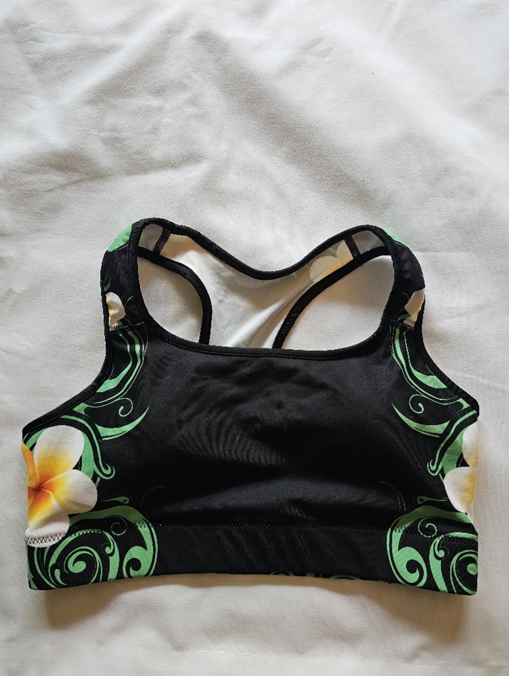 Ori Active Sports Bra Small Black Green Tropical Floral Racerback Workout Top
